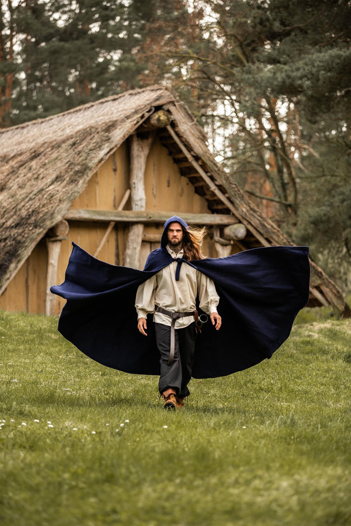 Medieval cloak with hood, wool blend, blue