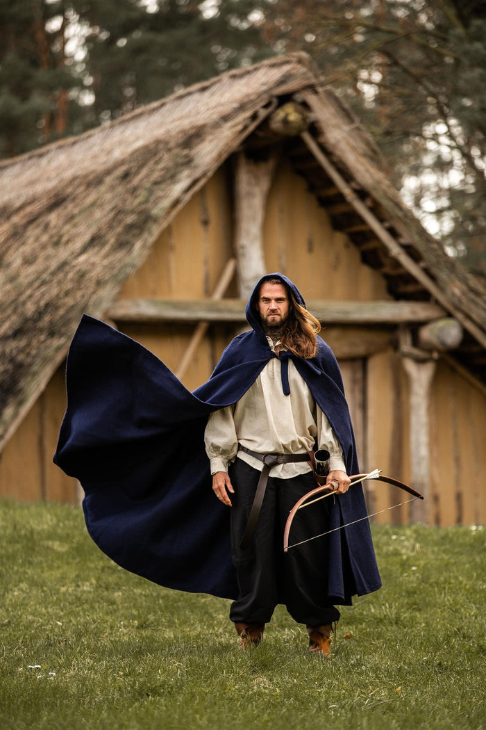 Medieval cloak with hood, wool blend, blue