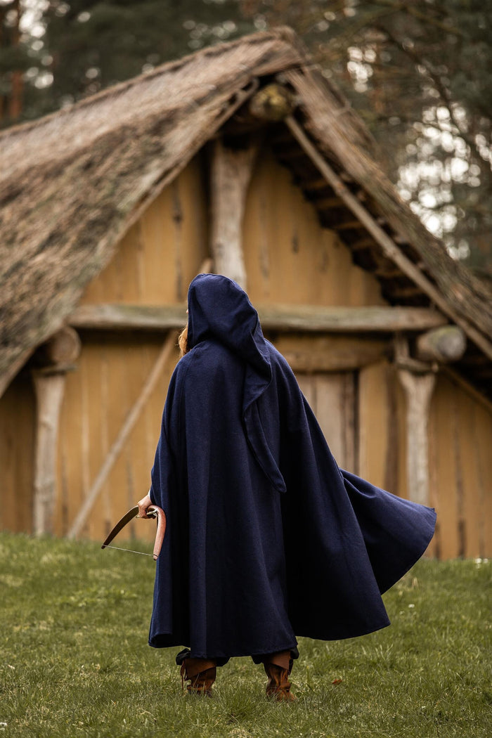 Medieval cloak with hood, wool blend, blue
