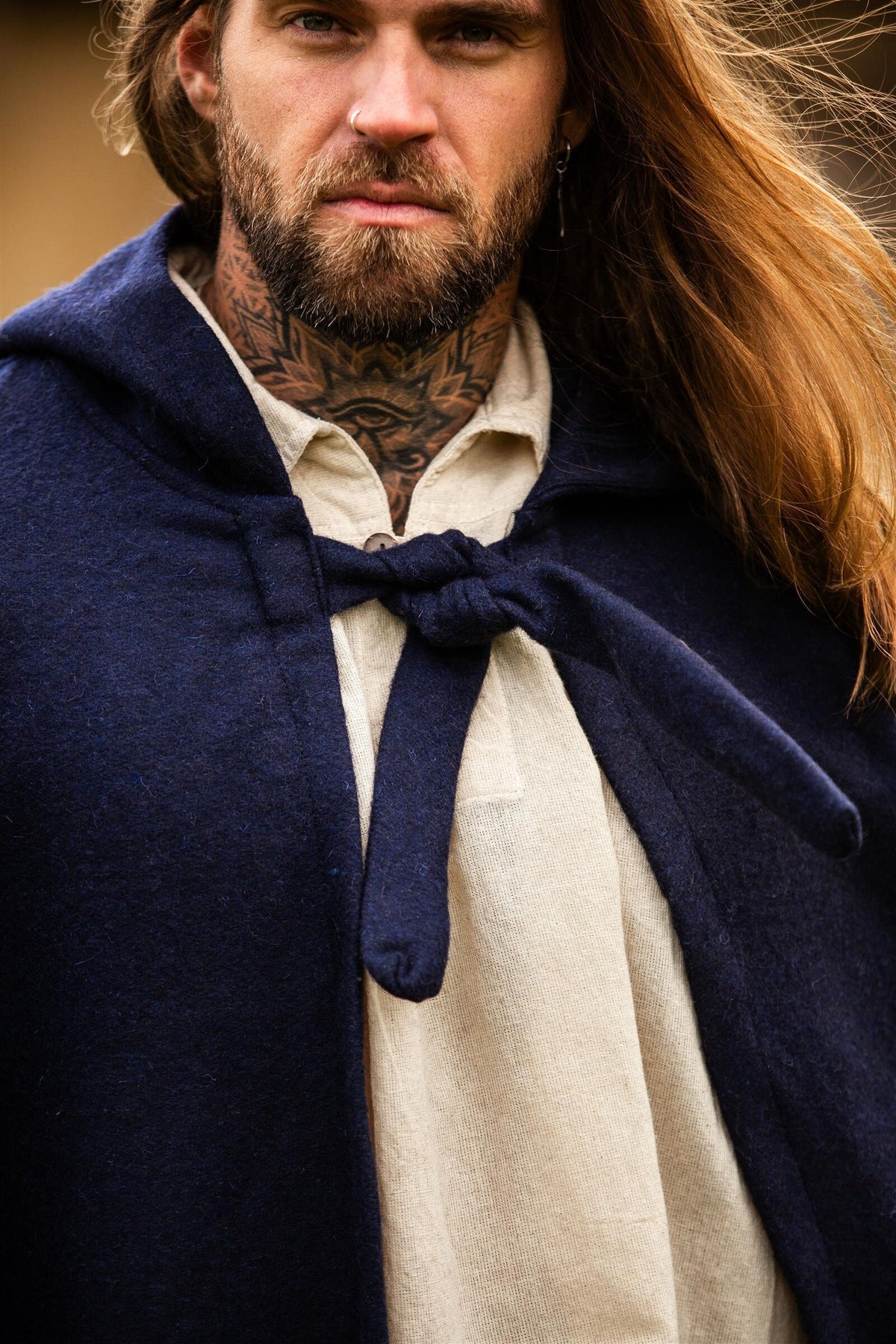 Medieval cloak with hood, wool blend, blue