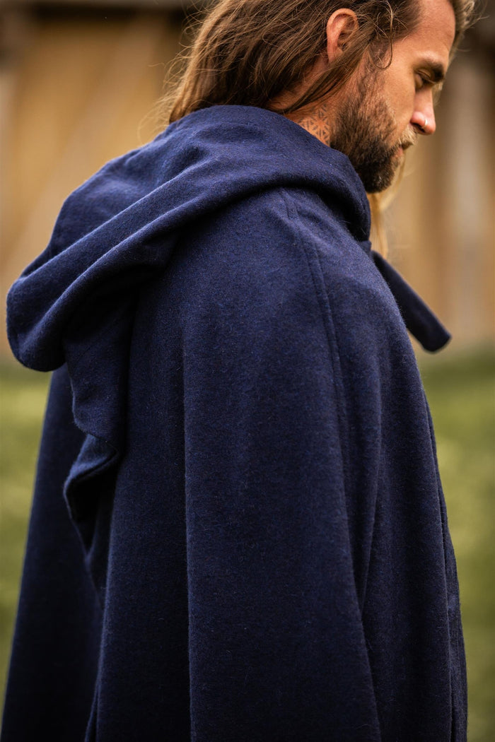 Medieval cloak with hood, wool blend, blue