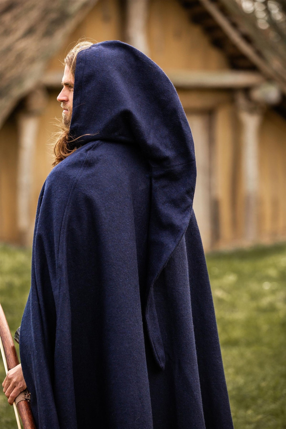 Medieval cloak with hood, wool blend, blue