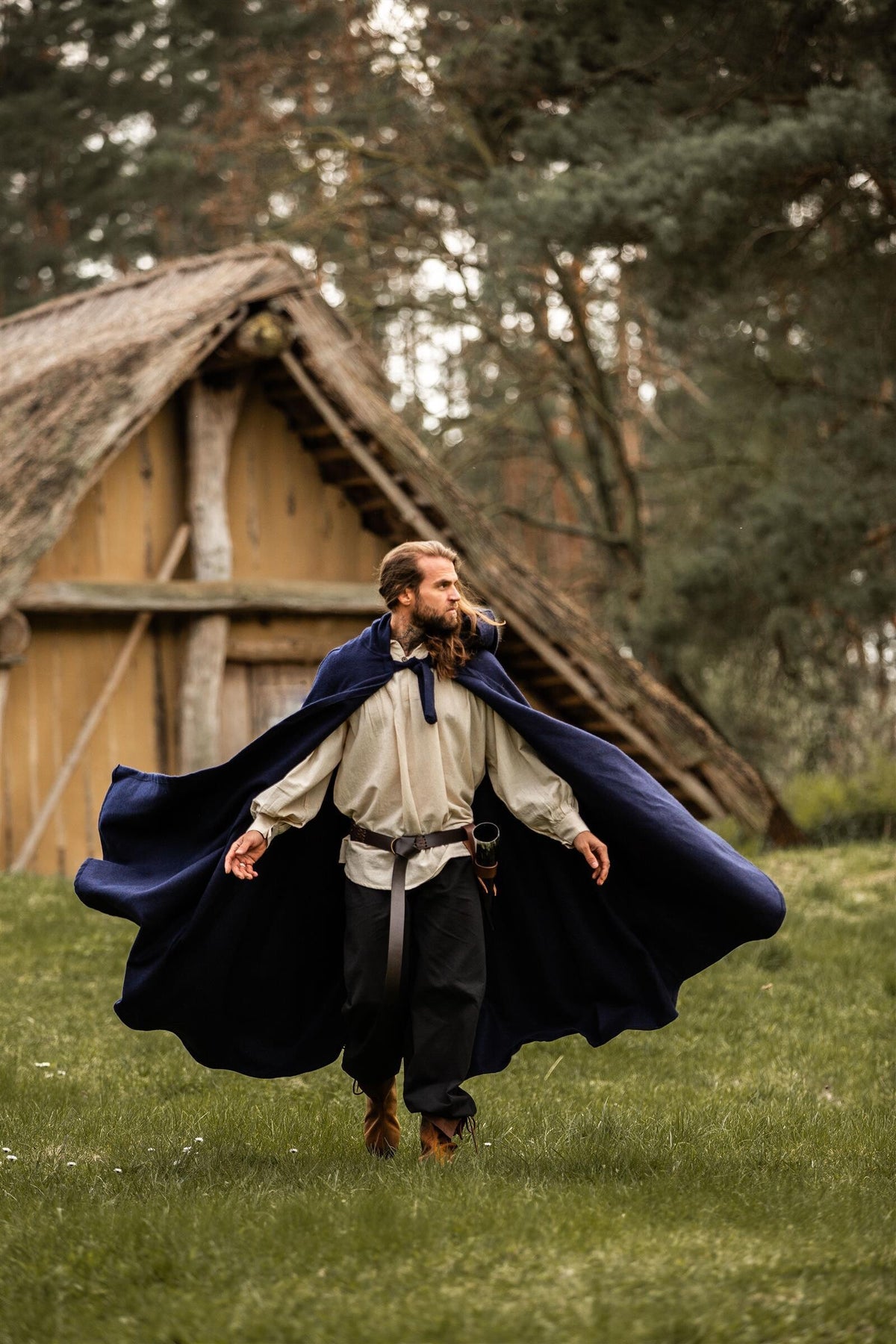 Medieval cloak with hood, wool blend, blue