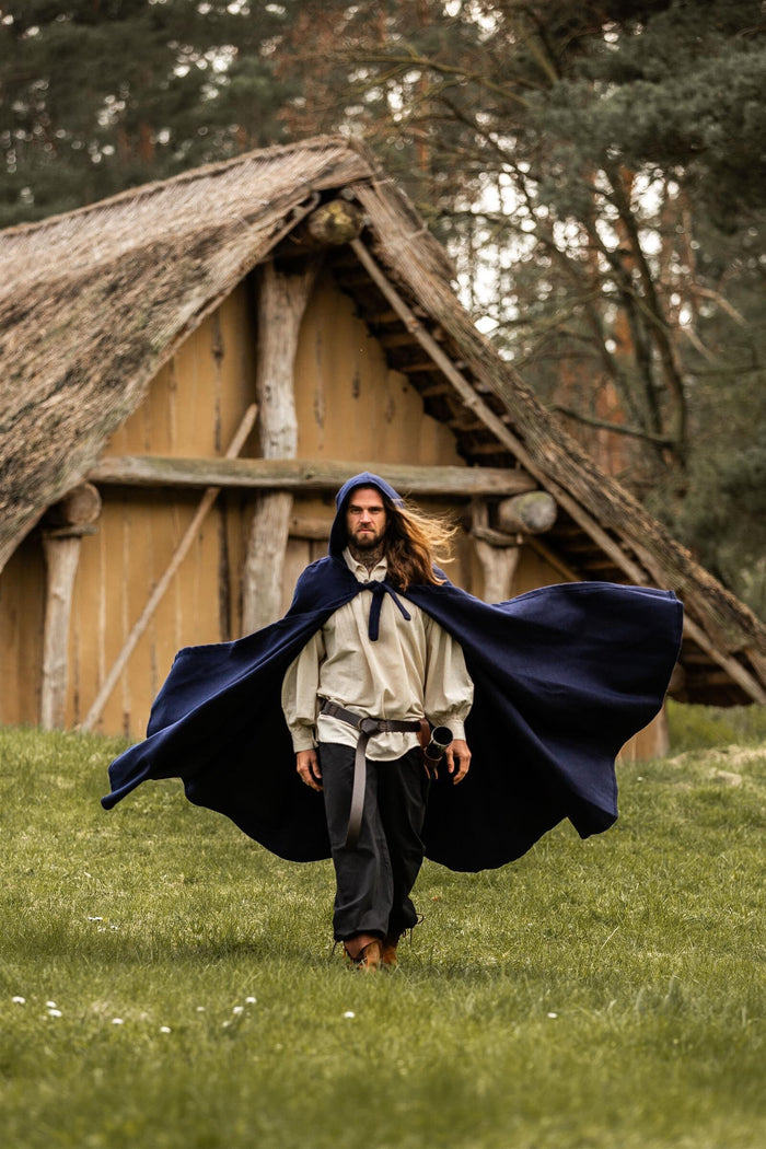 Medieval cloak with hood, wool blend, blue