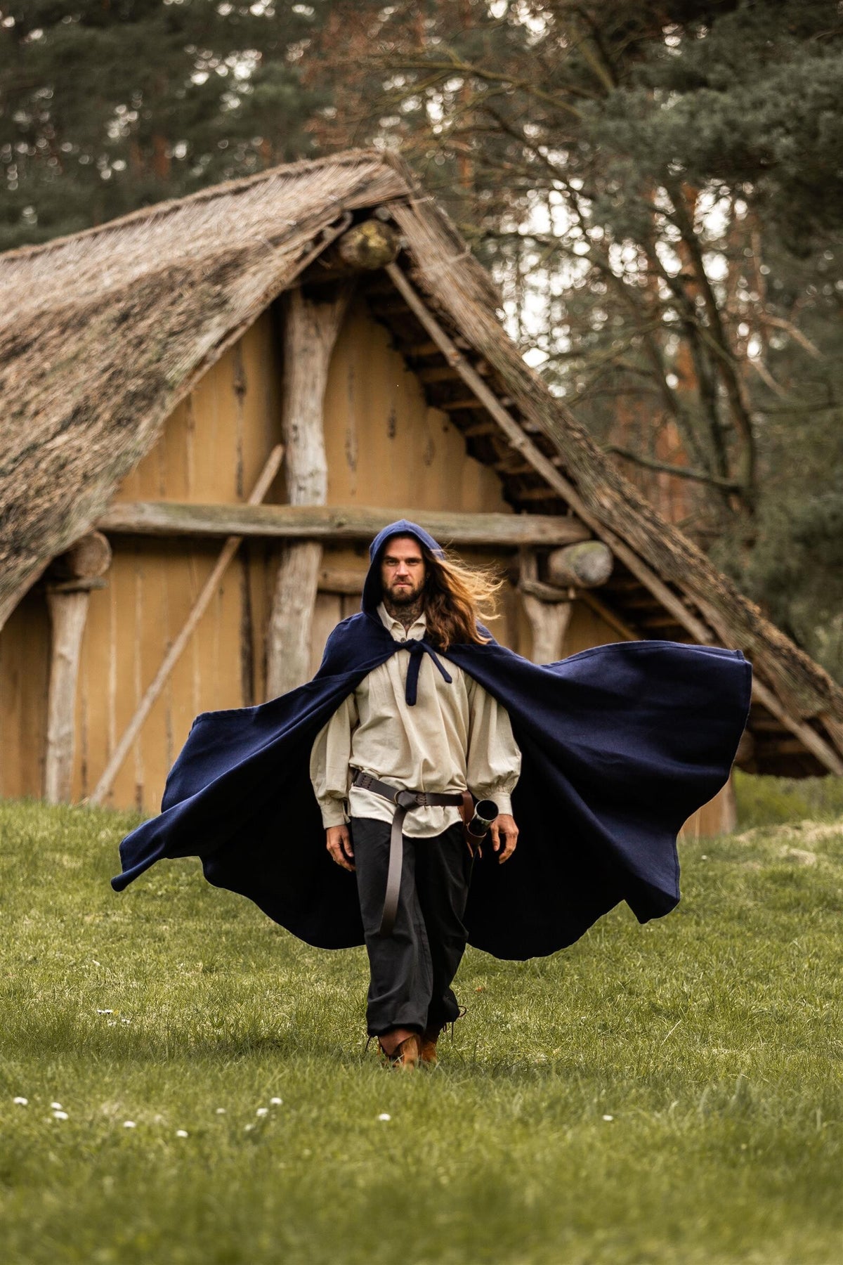 Medieval cloak with hood, wool blend, blue
