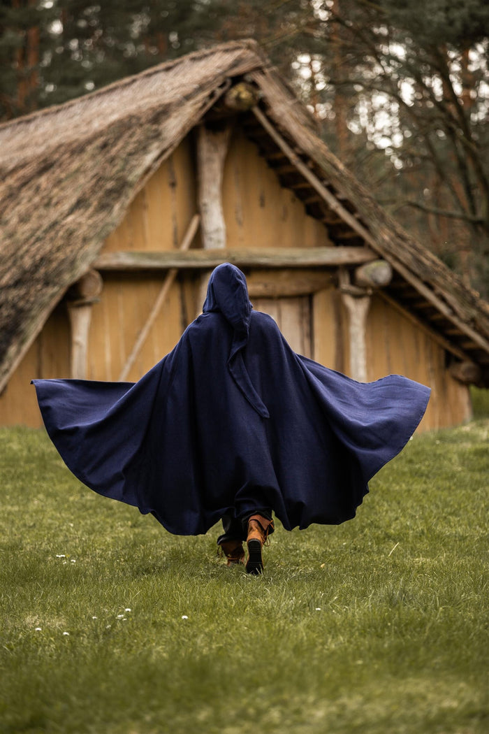 Medieval cloak with hood, wool blend, blue