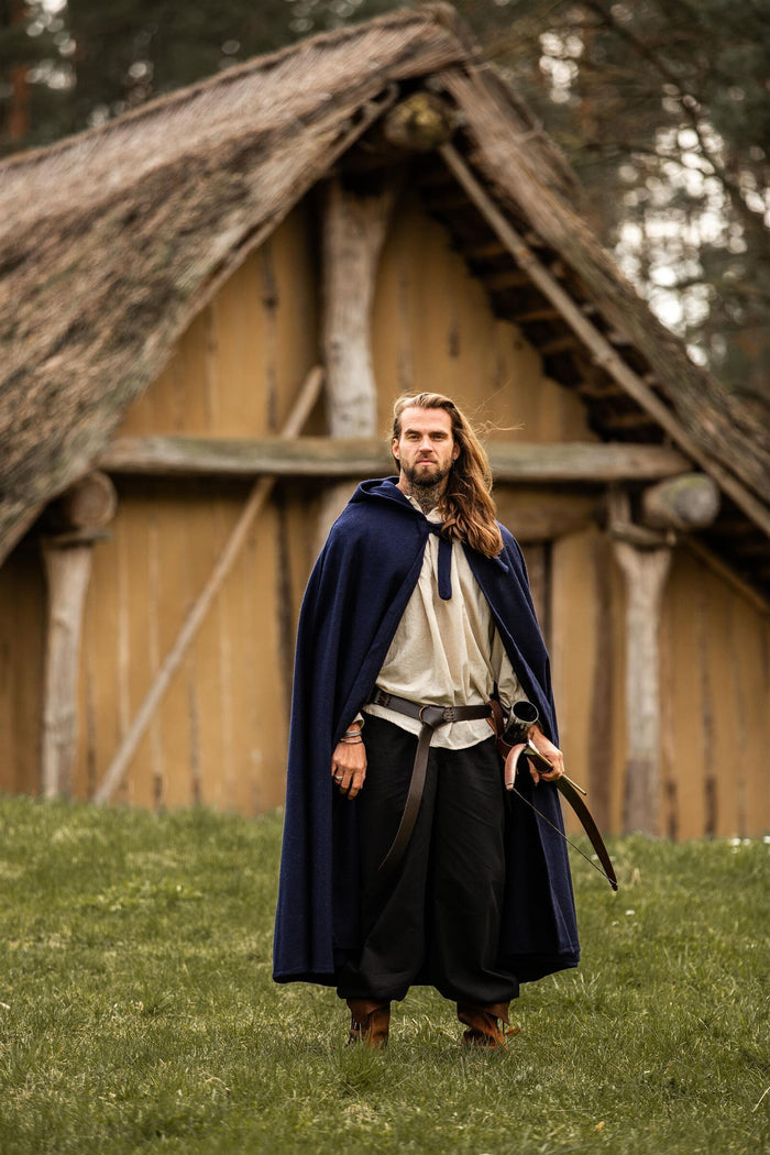 Medieval cloak with hood, wool blend, blue
