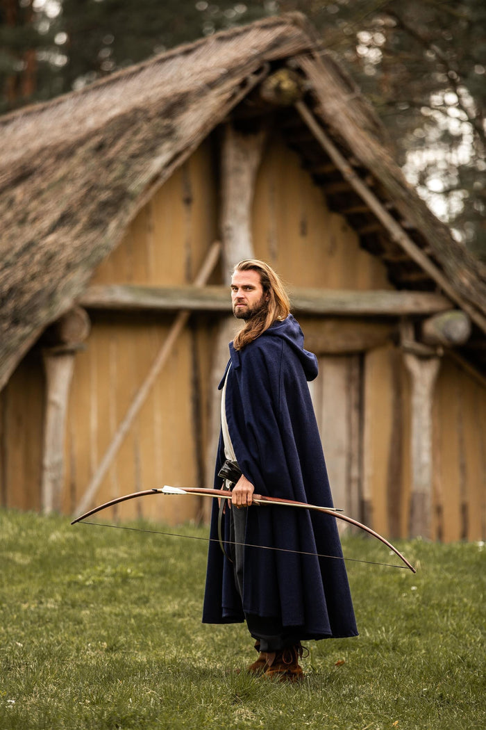 Medieval cloak with hood, wool blend, blue