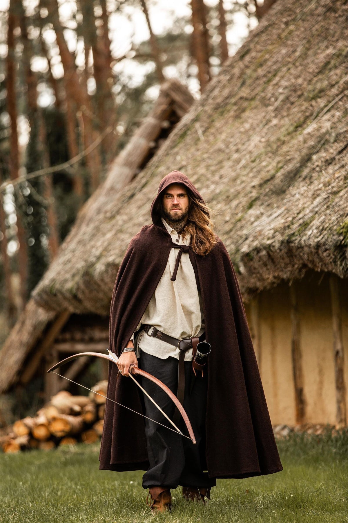 Medieval cloak with hood, brown