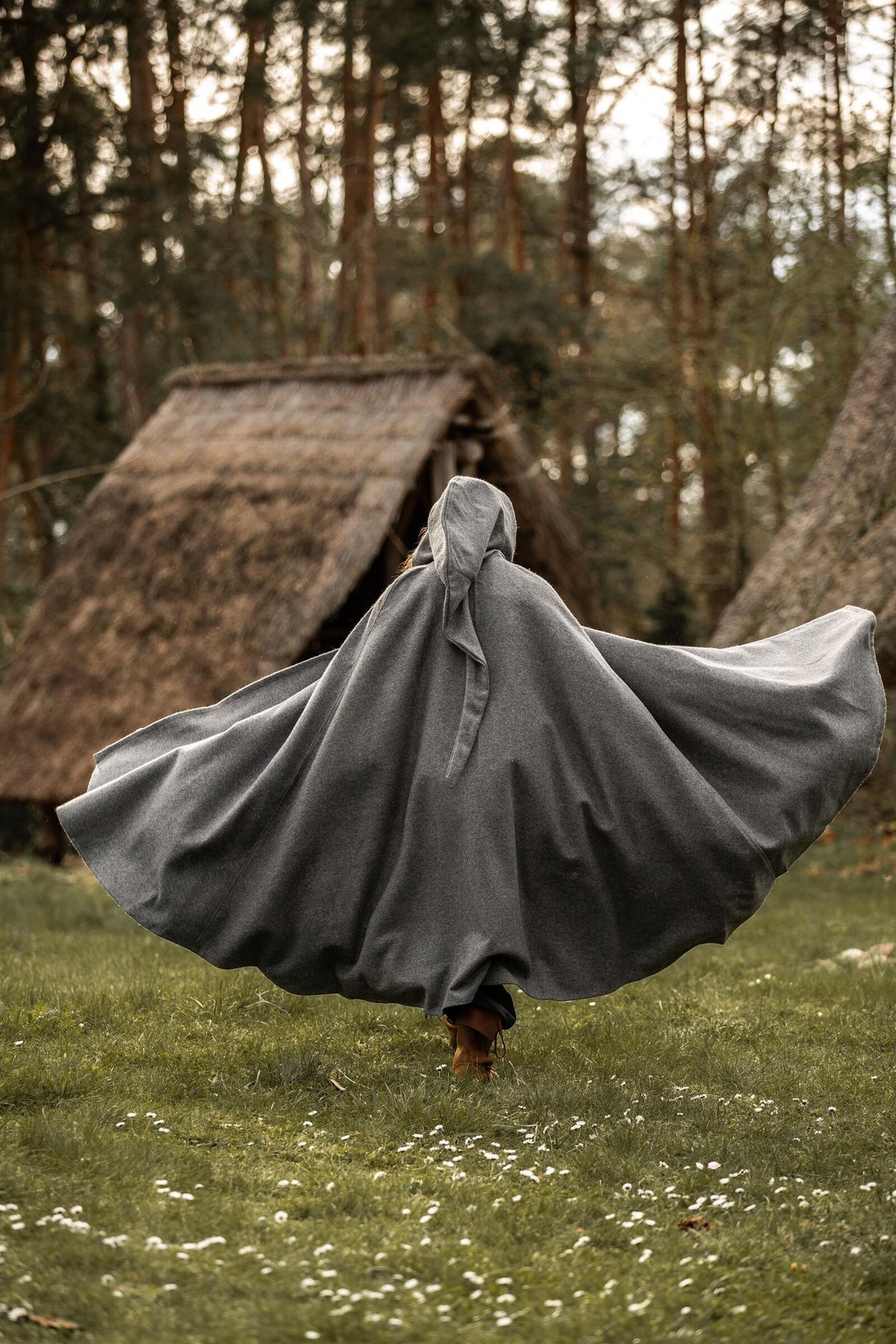 Medieval cloak with hood, grey, wool mix