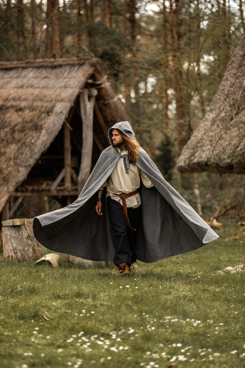 Mittelalterlicher Mantel mit Gugel, grau, Wollmischung