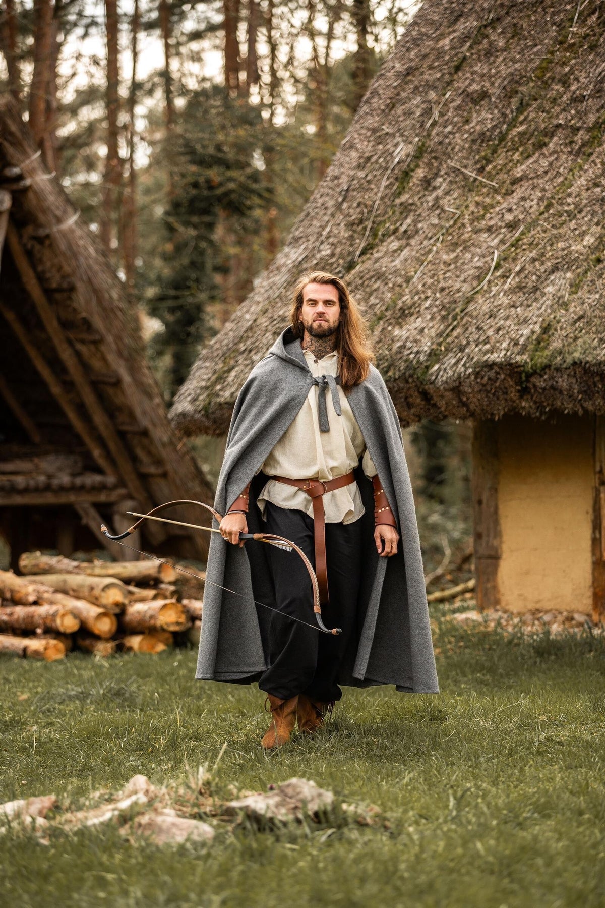 Medieval cloak with hood, grey, wool mix