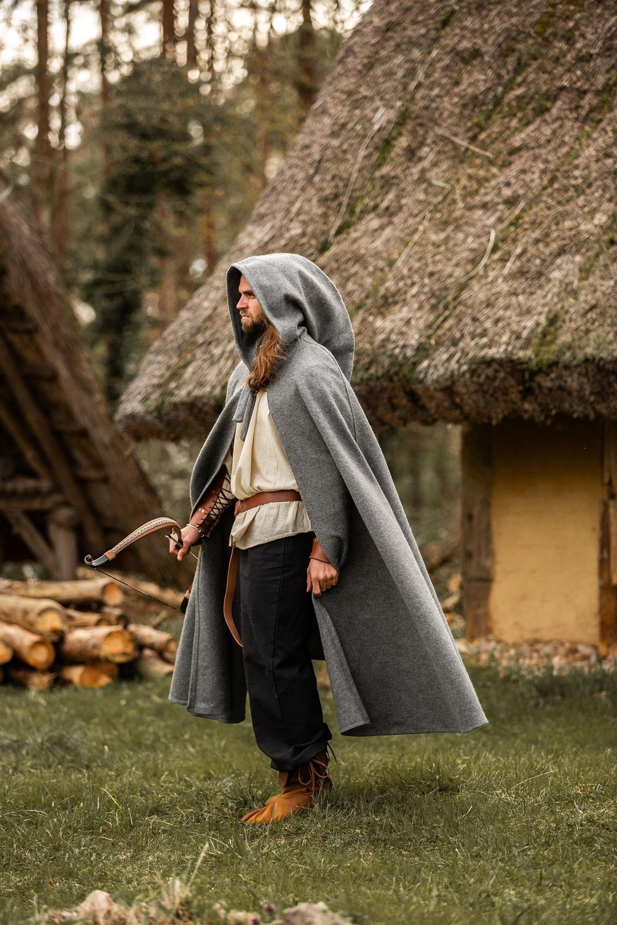 Medieval cloak with hood, grey, wool mix