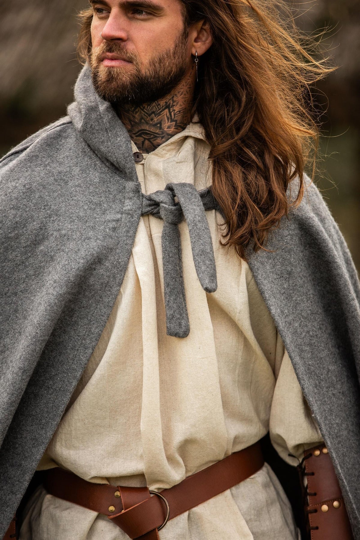 Medieval cloak with hood, grey, wool mix
