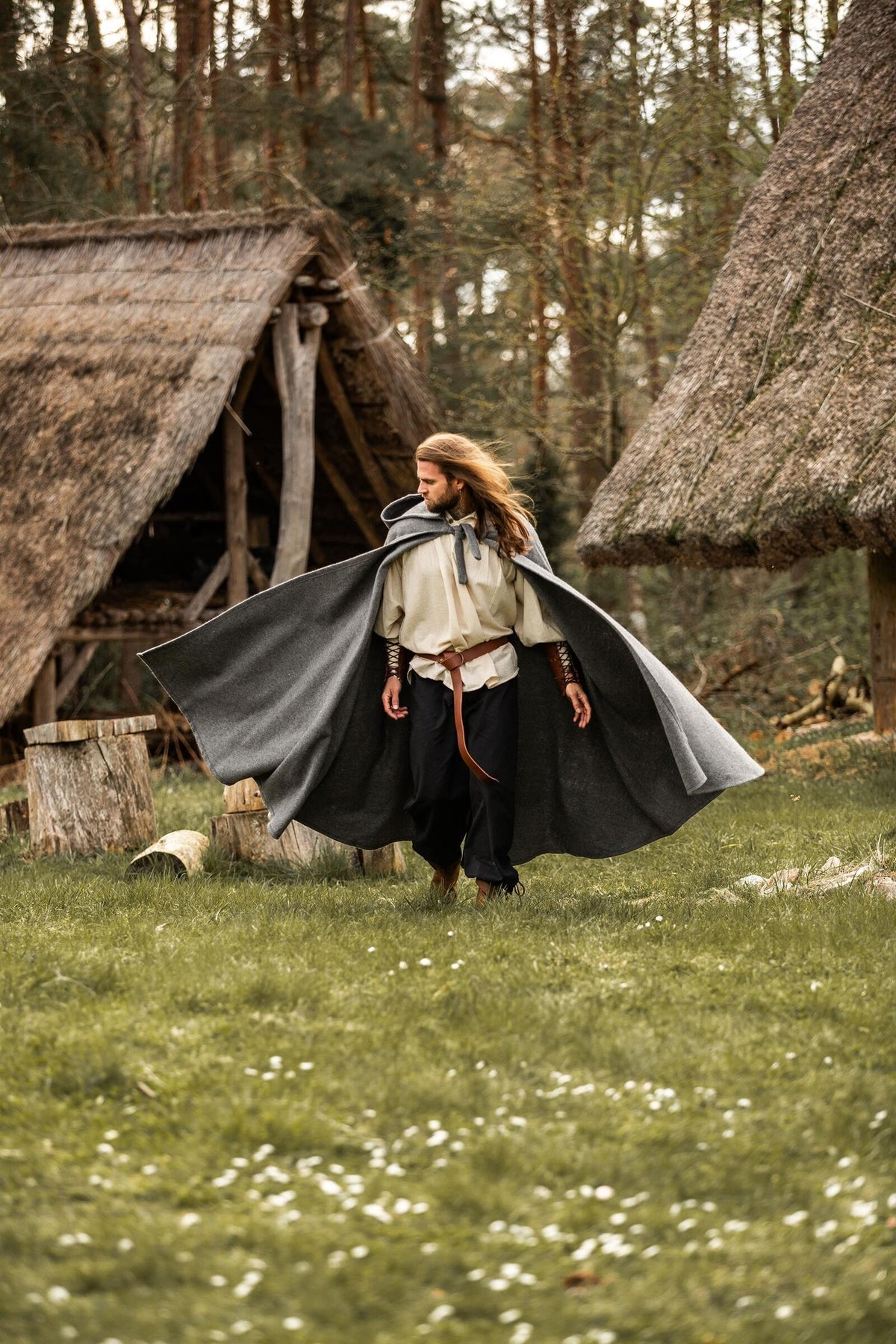 Medieval cloak with hood, grey, wool mix