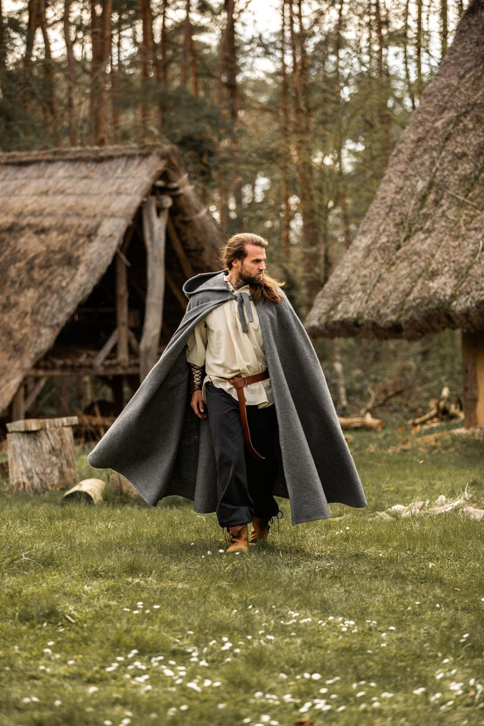 Medieval cloak with hood, grey, wool mix