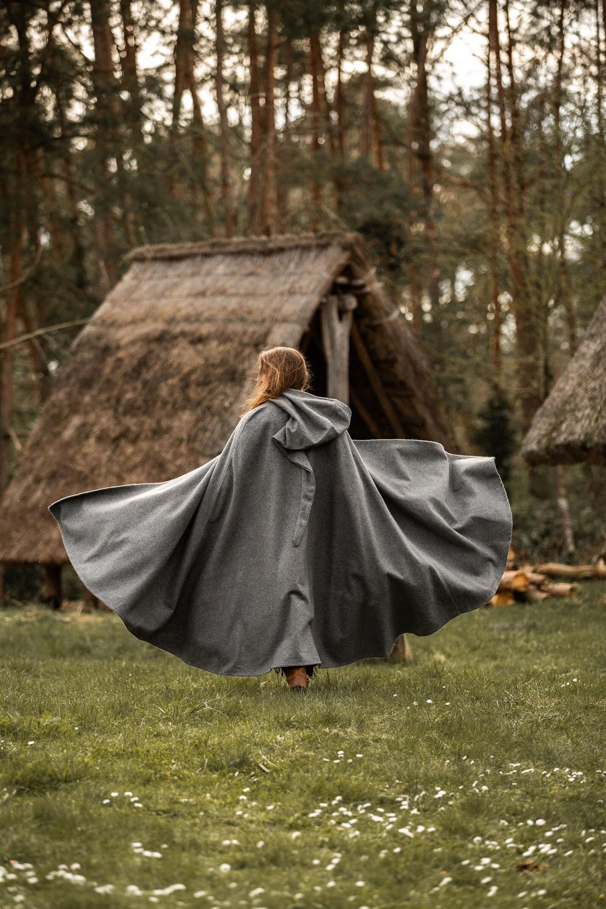 Medieval cloak with hood, grey, wool mix