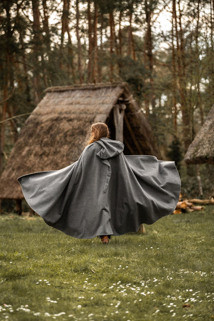 Medieval cloak with hood, grey, wool mix