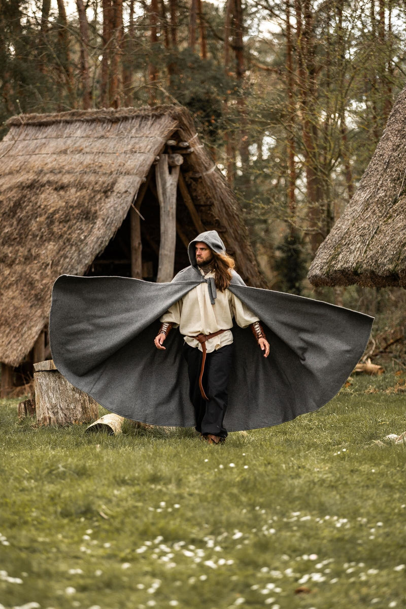 Mittelalterlicher Mantel mit Gugel, grau, Wollmischung
