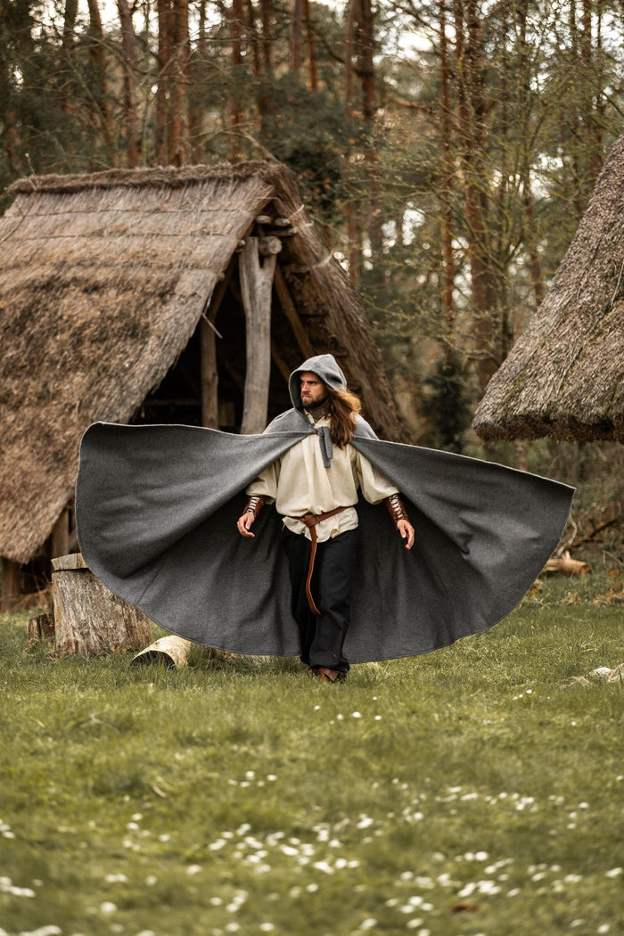 Medieval cloak with hood, grey, wool mix