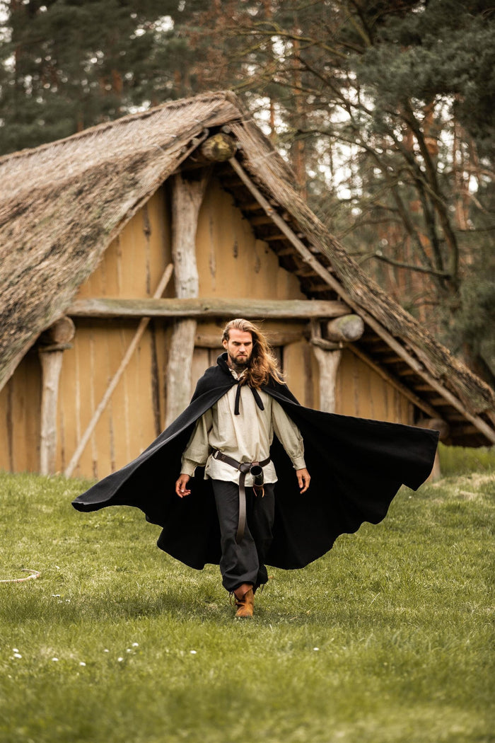 Medieval cloak with hood, black, wool mix