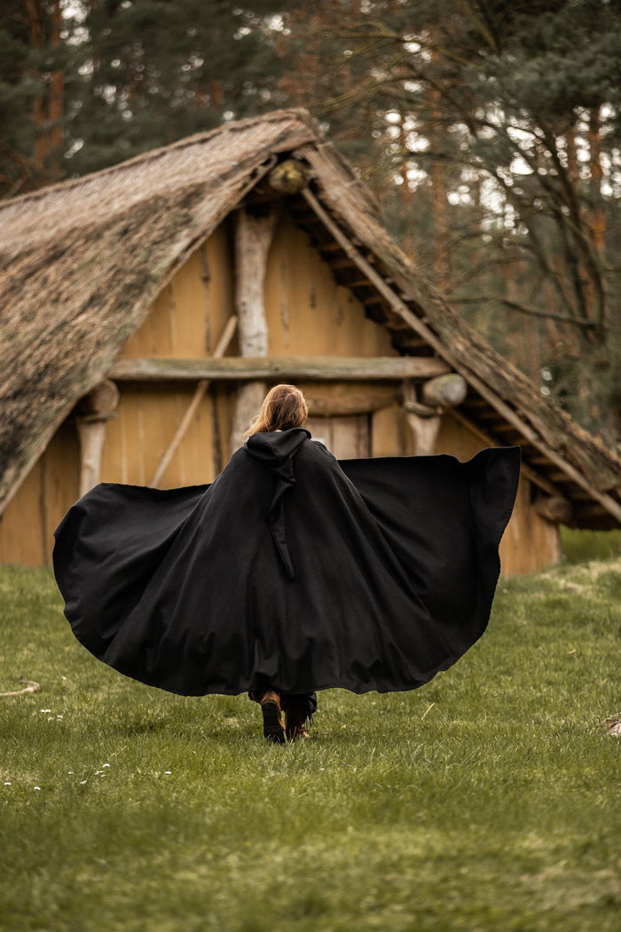 Medieval cloak with hood, black, wool mix
