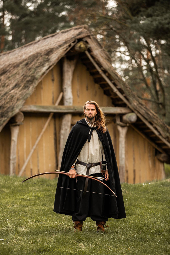 Medieval cloak with hood, black, wool mix