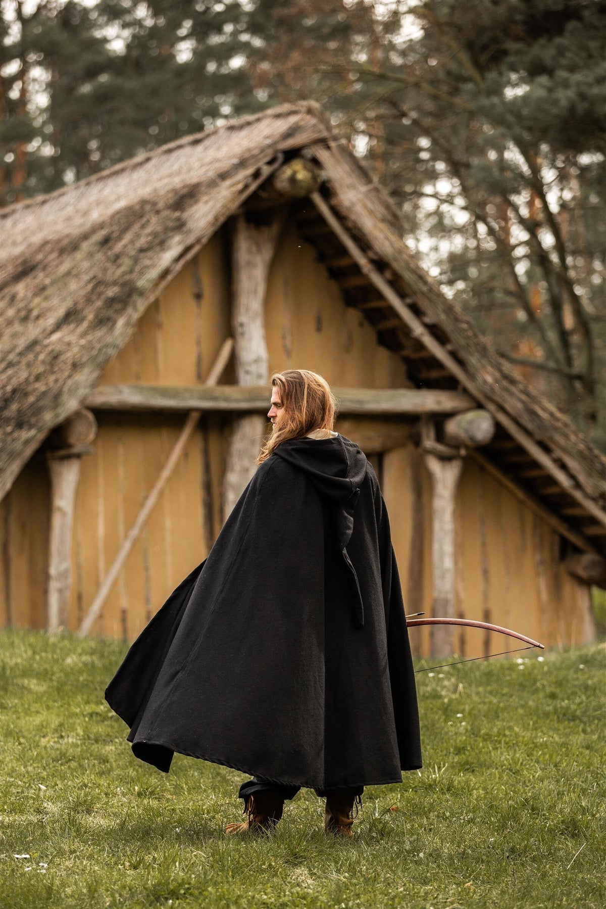 Medieval cloak with hood, black, wool mix