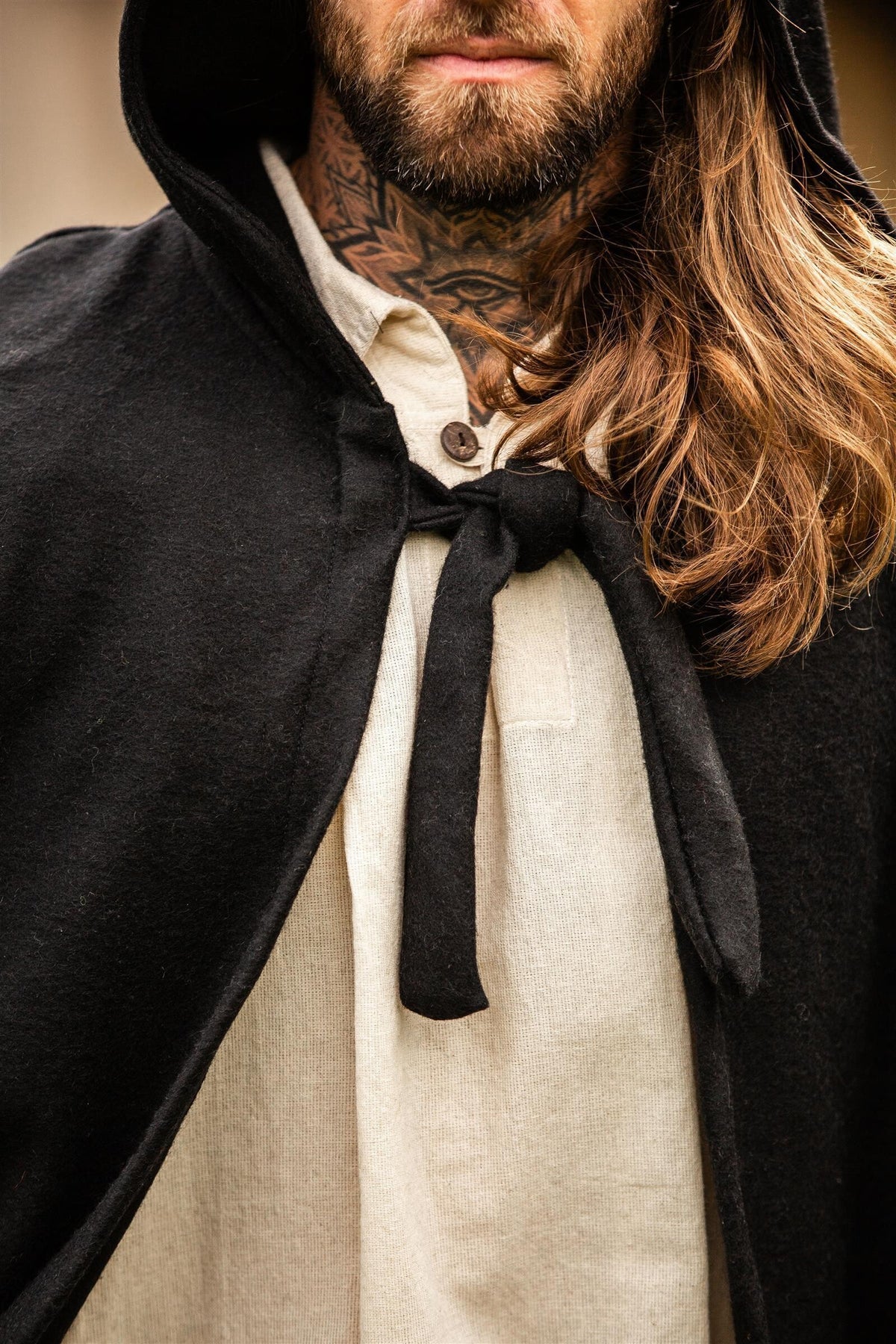 Medieval cloak with hood, black, wool mix