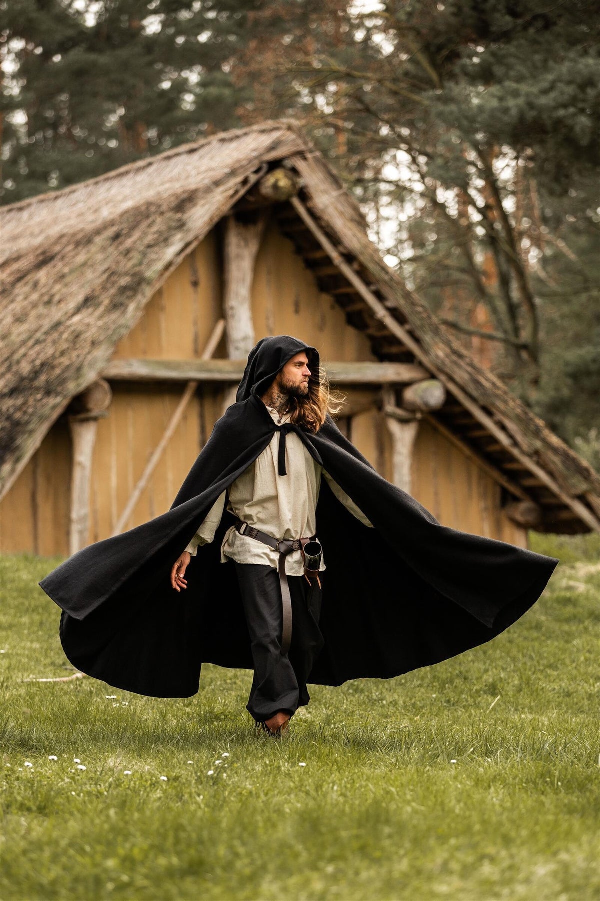 Medieval cloak with hood, black, wool mix
