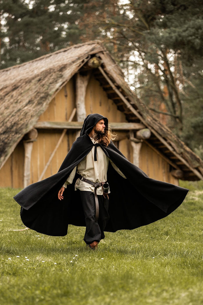 Medieval cloak with hood, black, wool mix